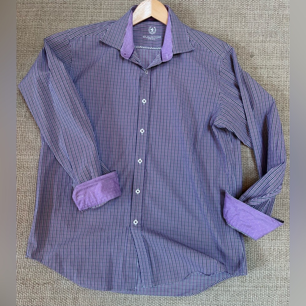 Bugatchi Men's Button Shirt Large Purple & Blue Plaid Contrasting Flip Cuff